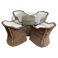 Real Wicker Patio Table with Glass Top and Wicker Upholstered Chairs