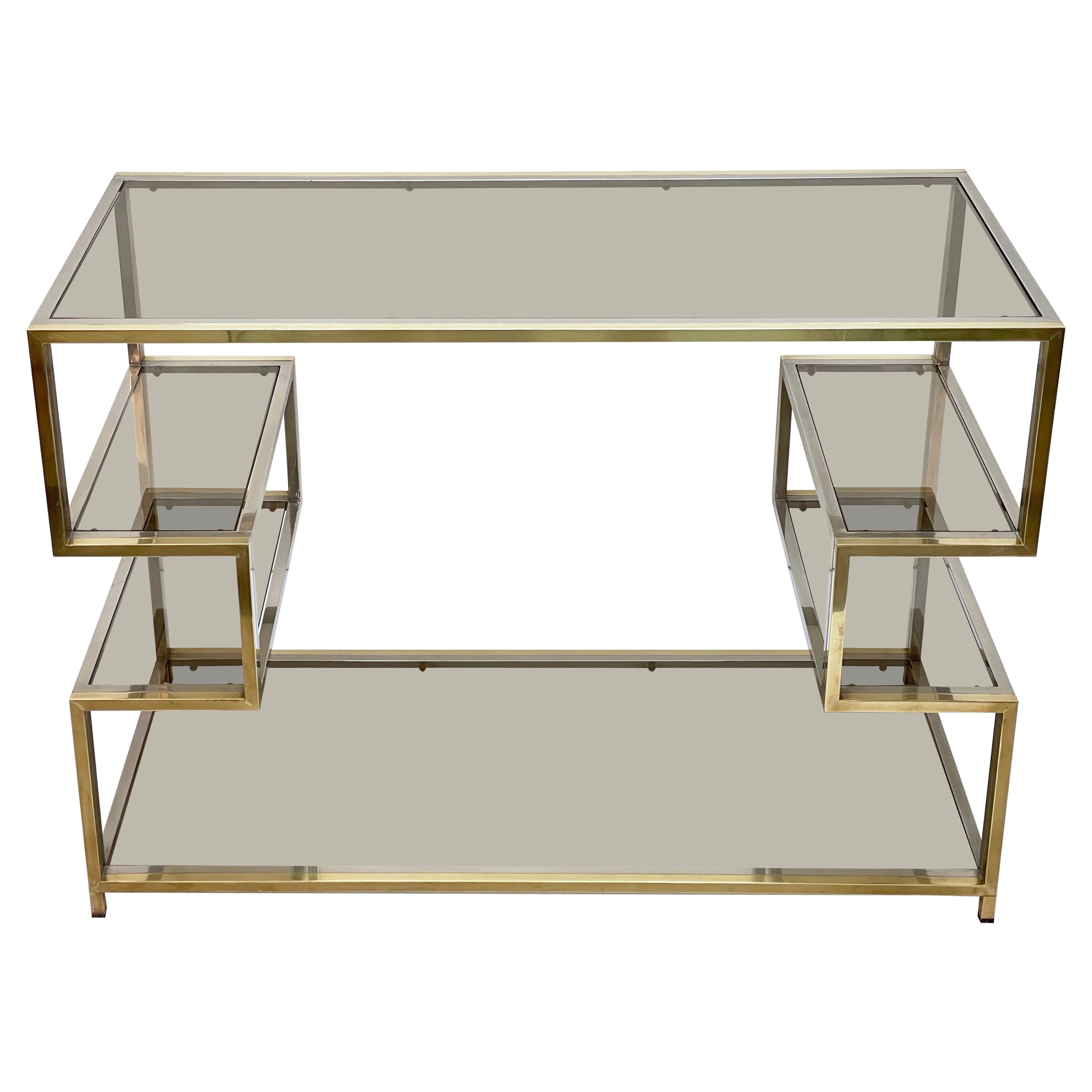 Midcentury Gold Brass and Glass Italian Console Table in Romeo Rega Style, 1970s