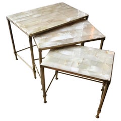 Elegant Set of Onyx and Brass Nesting Tables Attributed to Maison Jansen, France