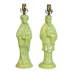 Pair of Retro Green Asian Figural Lamps