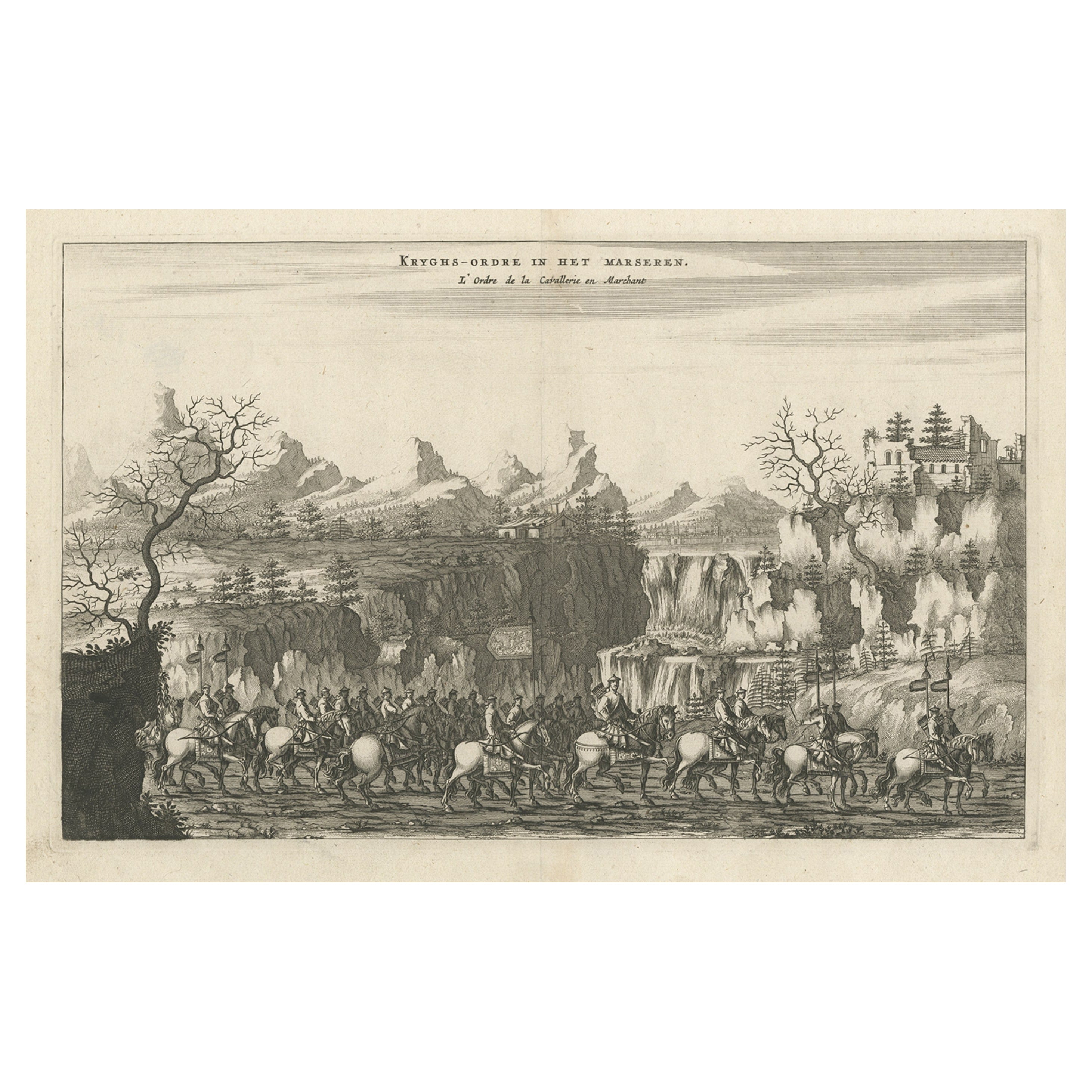 Decorative Original Antique Print Depicting the Cavalry Marching in China, 1665