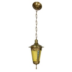 Antique Brass Lantern with Amber and French Blue Glass