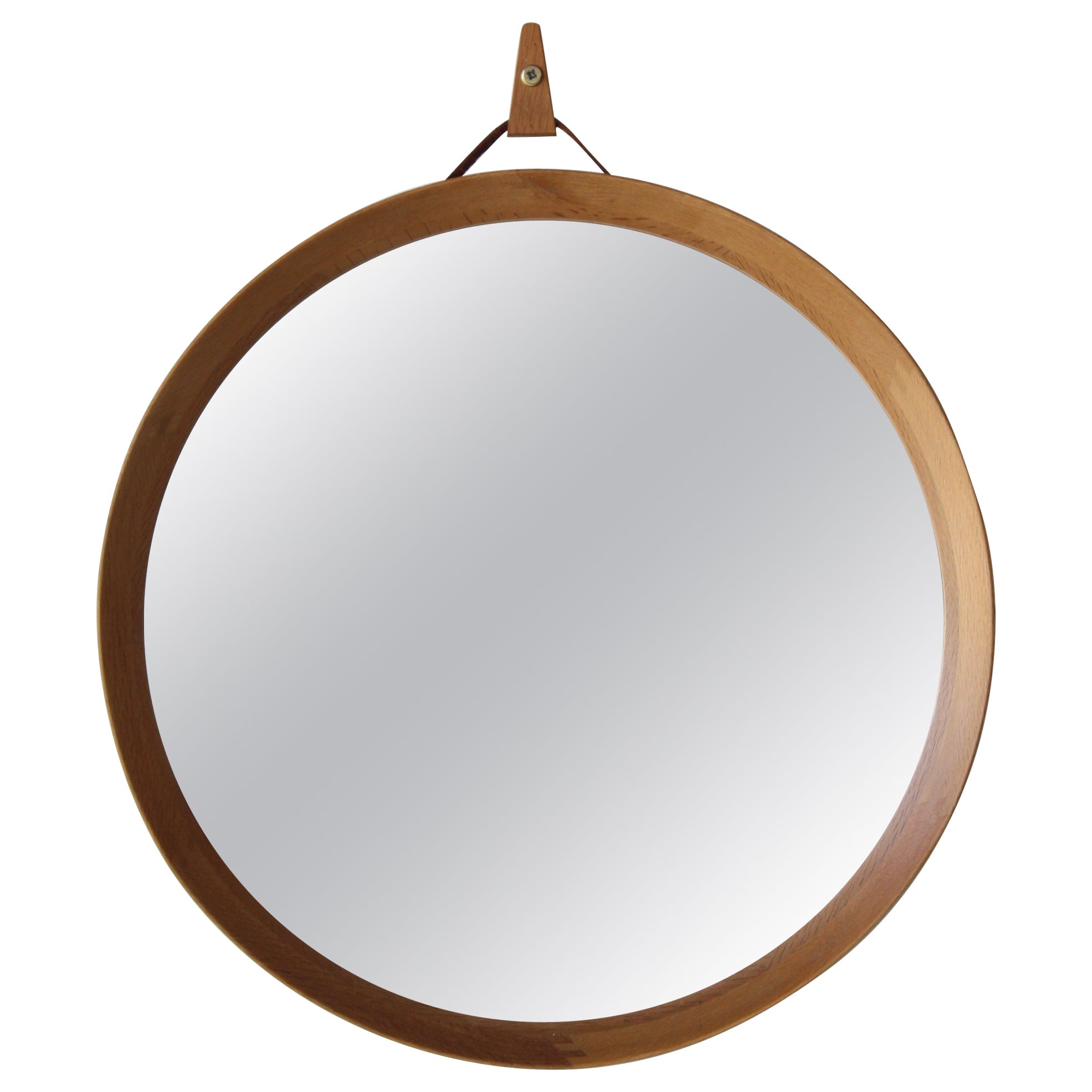 Swedish, Round Wall Mirror, Solid Oak, Leather, Mirror Glass, Sweden, 1960s