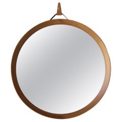 Swedish, Round Wall Mirror, Solid Oak, Leather, Mirror Glass, Sweden, 1960s