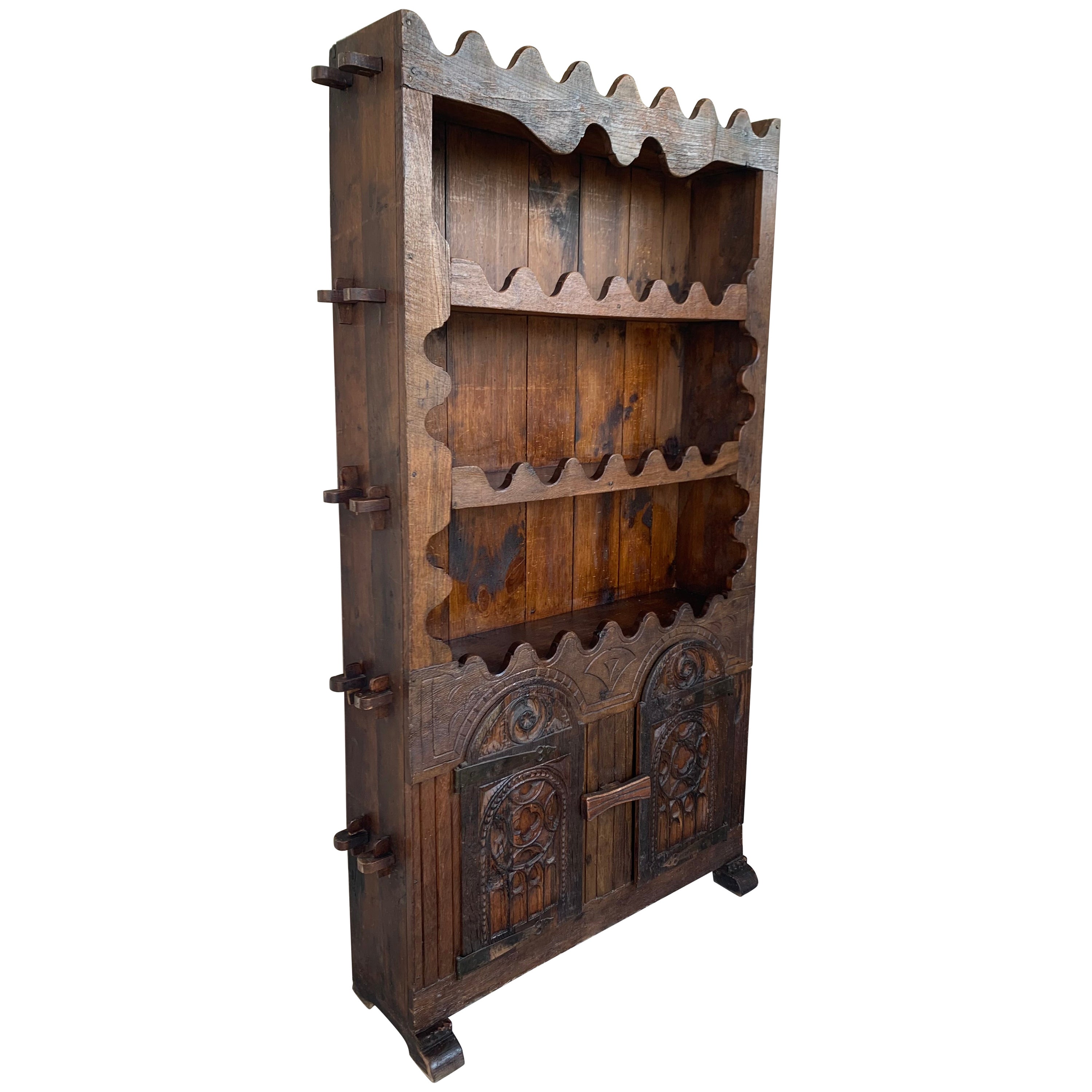 Early 18th Century Rustic-Country Spanish Open Bookcase with Gothic Reliefs