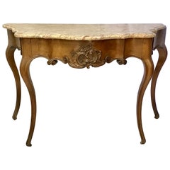 18th Century French Louis XV Provencial Carved Walnut Marble Top Console Table