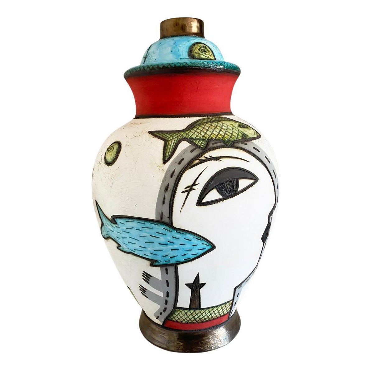 Vase en poterie d'art sud-africaine Charmaine Haines, avec visage et poissons
