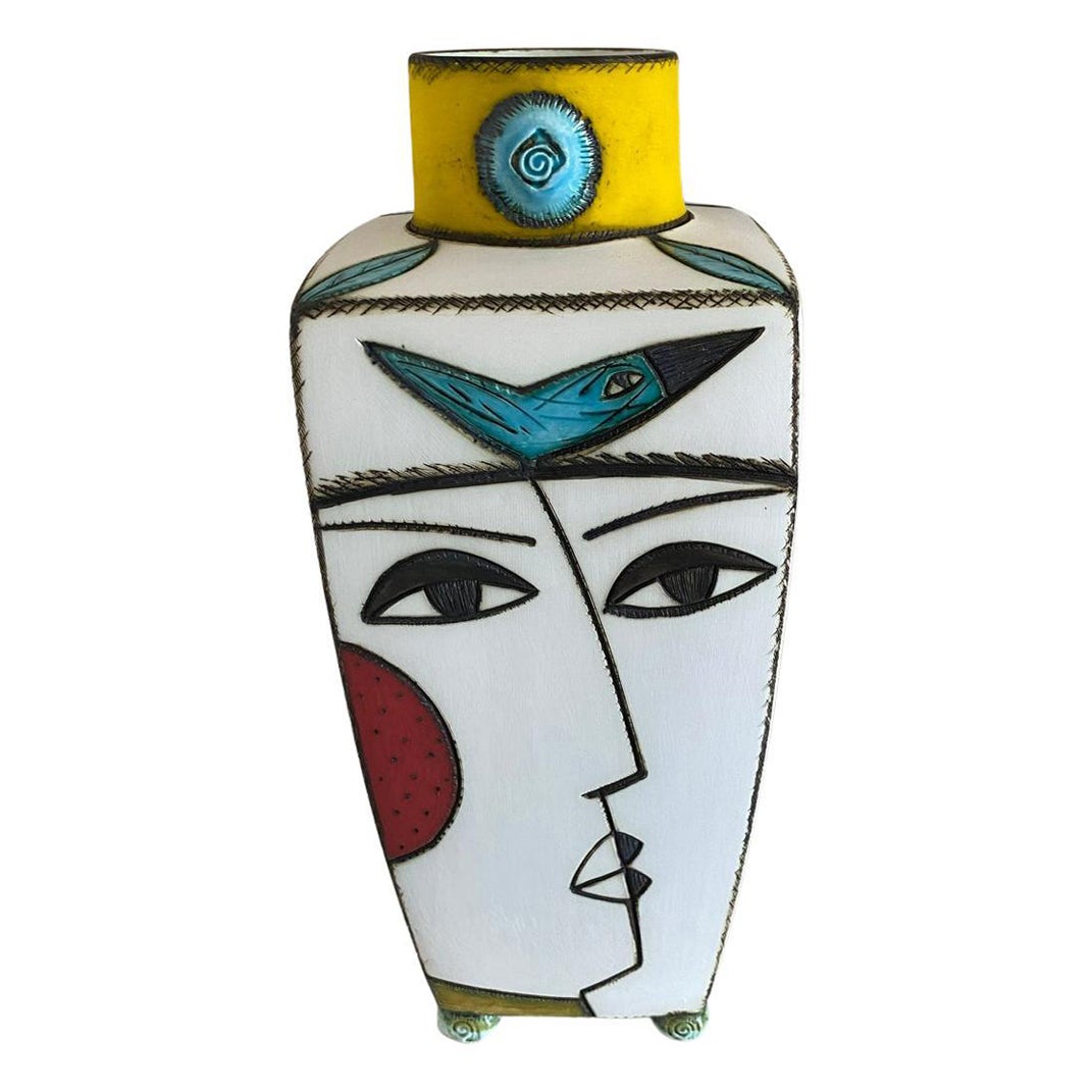 South African Art Pottery By Charmaine Haines Yellow Angular Face Vase south-african-art-pottery-by-charmaine-haines-yellow-angular-face-vase