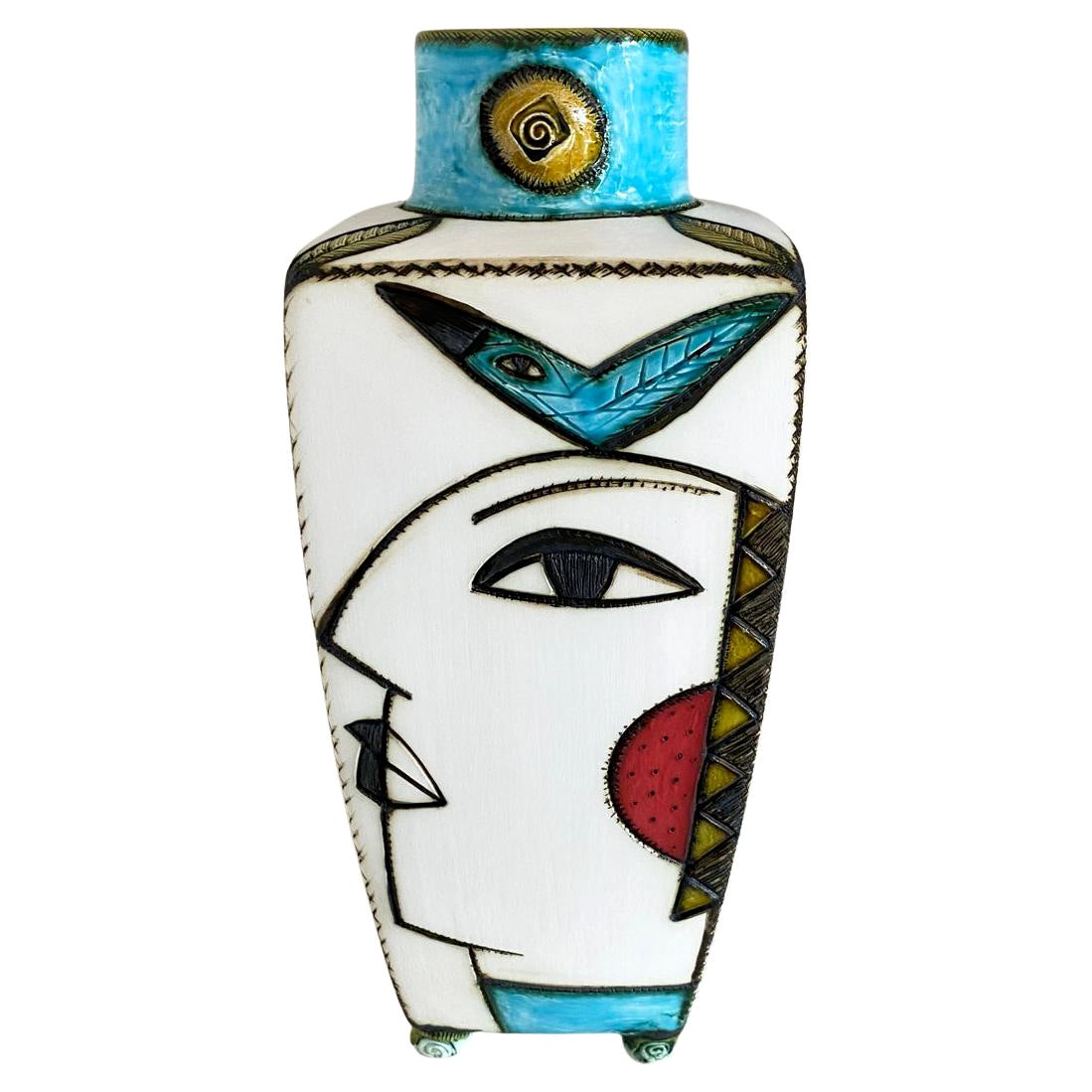 South African Art Pottery By Charmaine Haines, Yellow Angular Face Vase