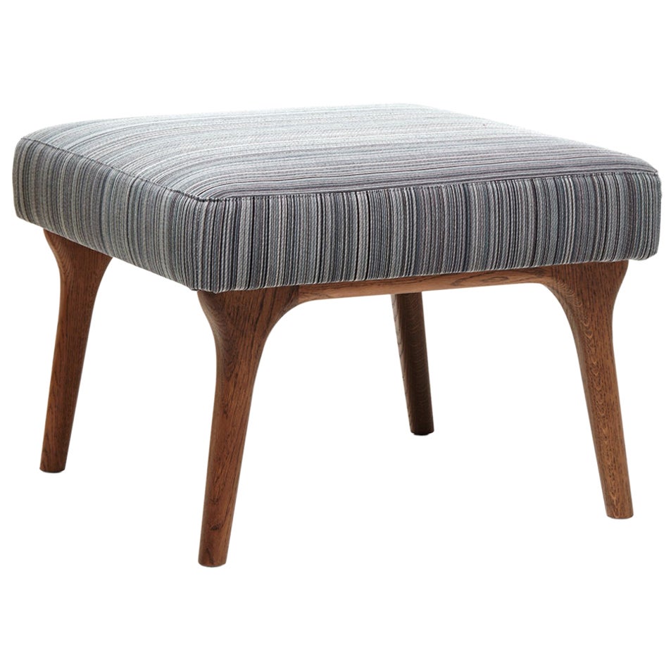 Moooi Zio Footstool in Manga, Blue Upholstery with Oak Stained Cinnamon Frame For Sale