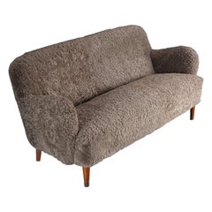 Danish Mid Century Sofa Upholstered in Grey Sheepskin Produced in Denmark 1940s