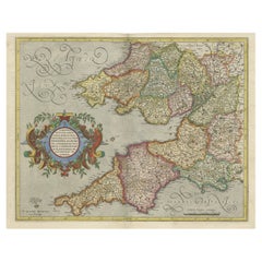 Original Antique Map of the English counties Cornwall, Devon, Dorset, etc, 1633