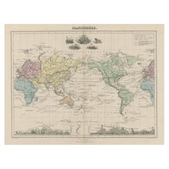 Antique Map of the World on Mercator’s Projection with Mountain Details, 1880
