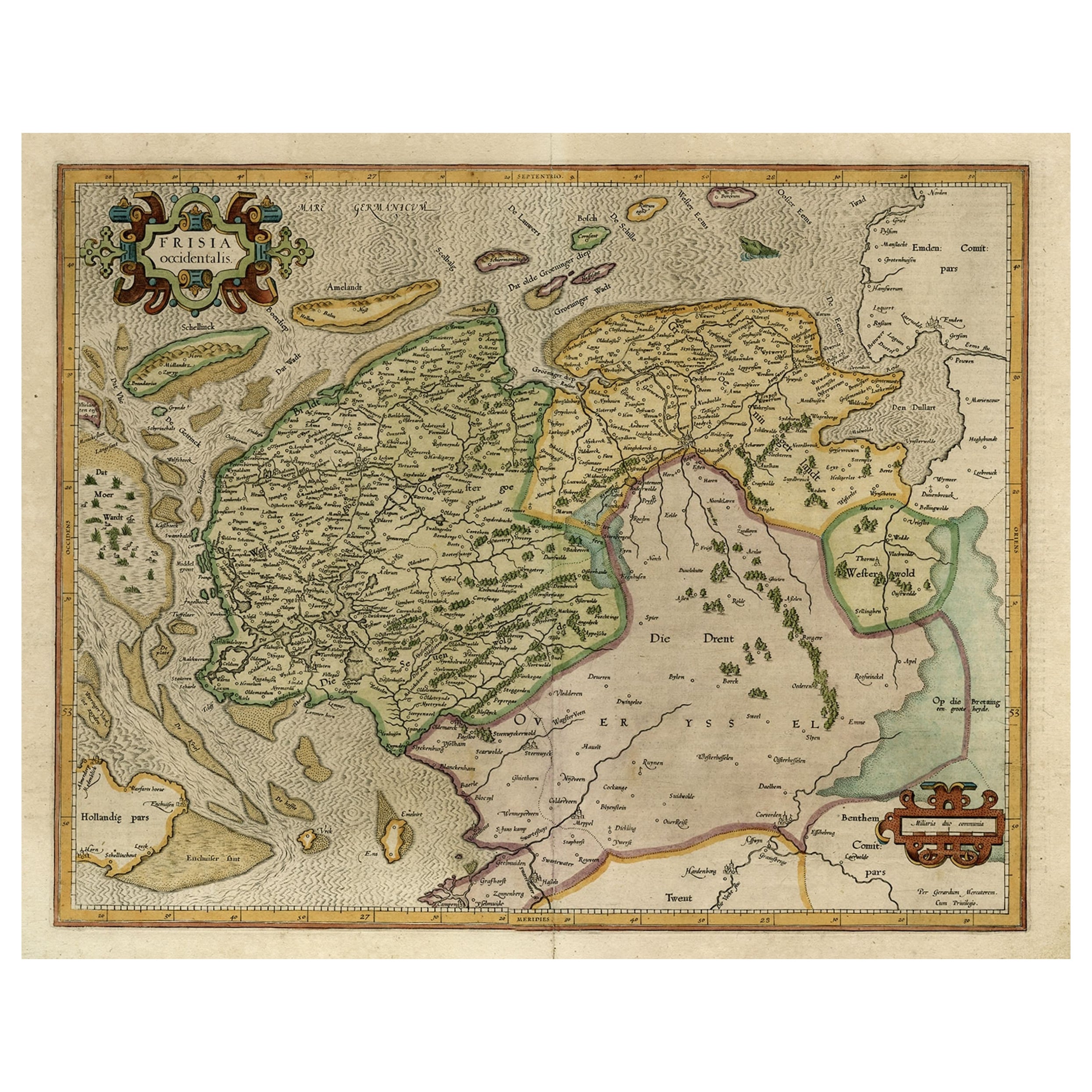 Old Map of the Dutch Provinces of Friesland and Groningen, The Netherlands, 1604
