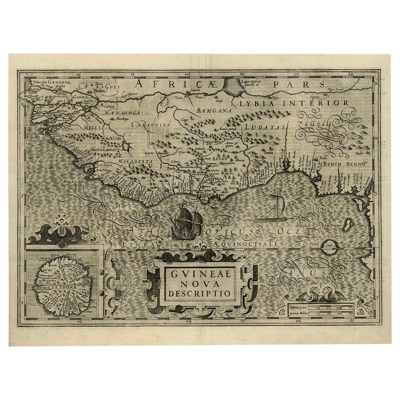 Old Decorative Map of the West African Coast & St. Thomae Island, c.1600 For Sale