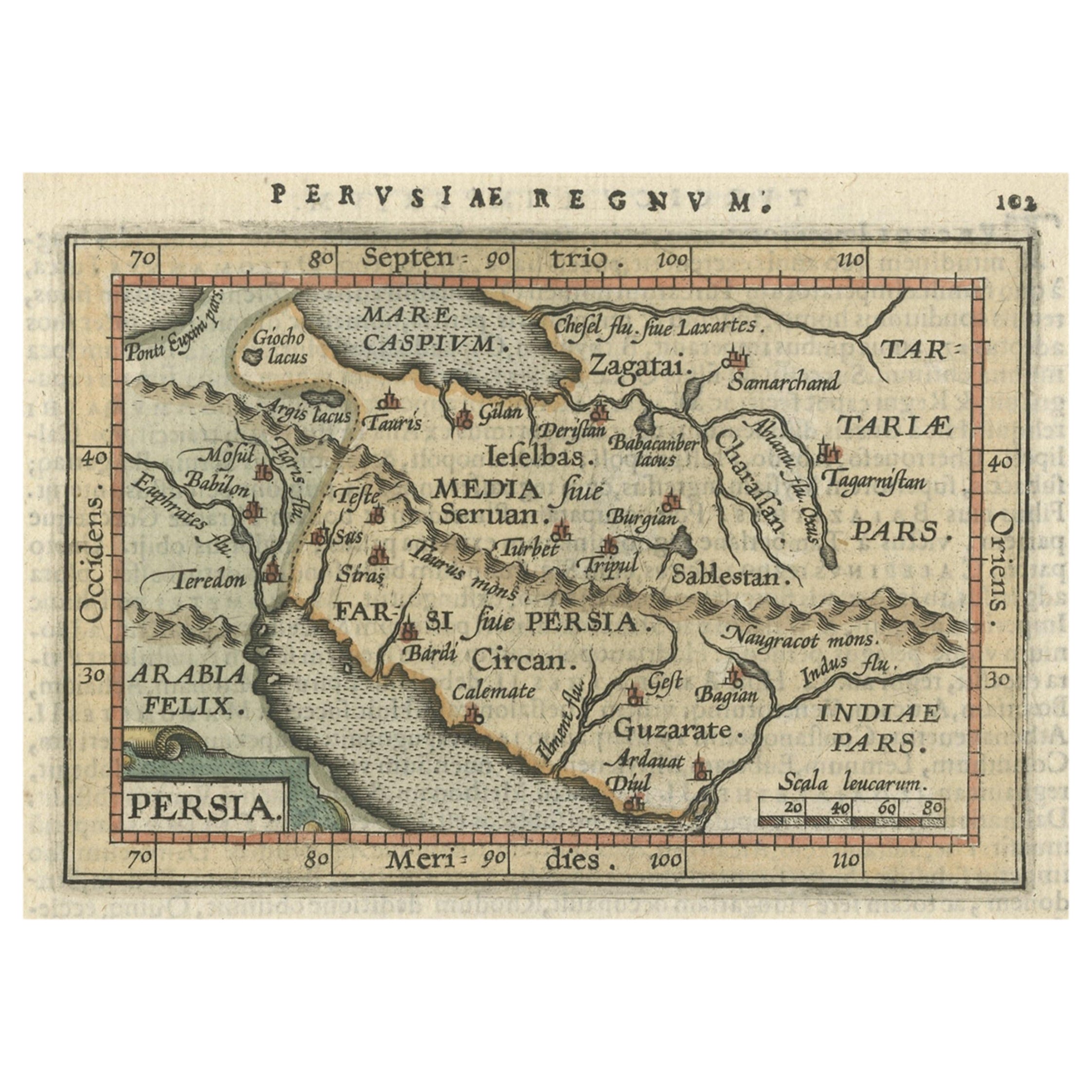 Original Antique Miniature Map of Persia, Published, ca.1601 For Sale