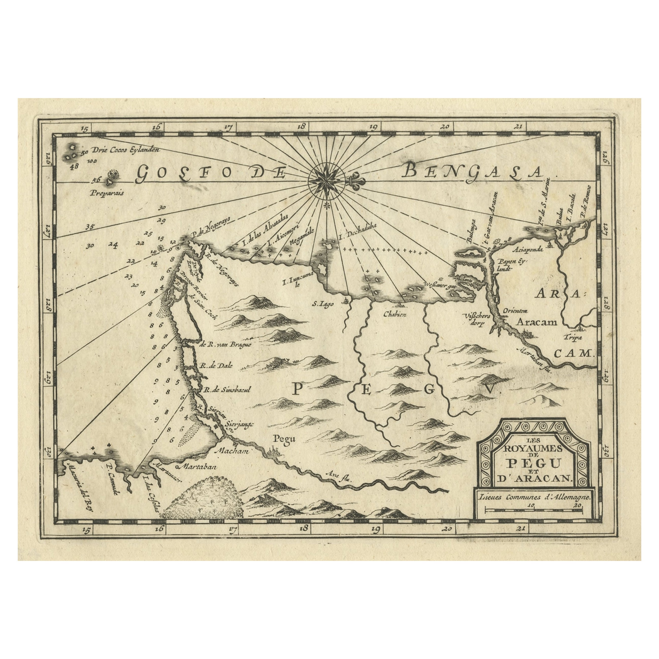 Rare Antique Copper Engraving of a Map of Pegu and Arakan, Burma (Myanmar), 1714 For Sale