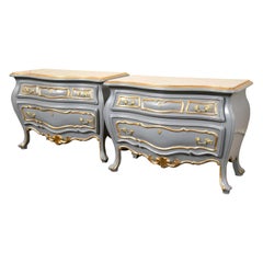 Pair Louis XV Style Parcel Paint and Gilt Decorated Bombe Commodes Nightstands