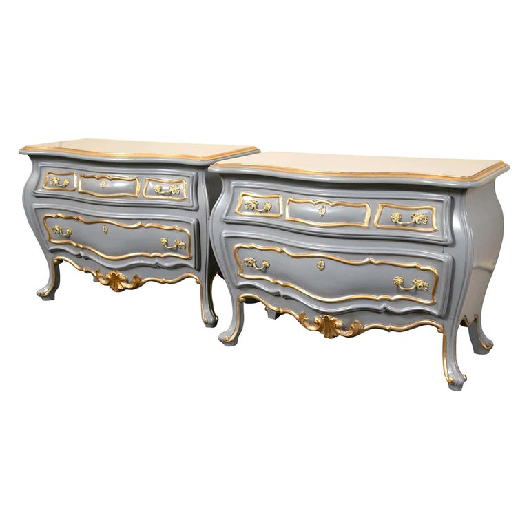 Pair Louis XV Style Parcel Paint and Gilt Decorated Bombe Commodes ...
