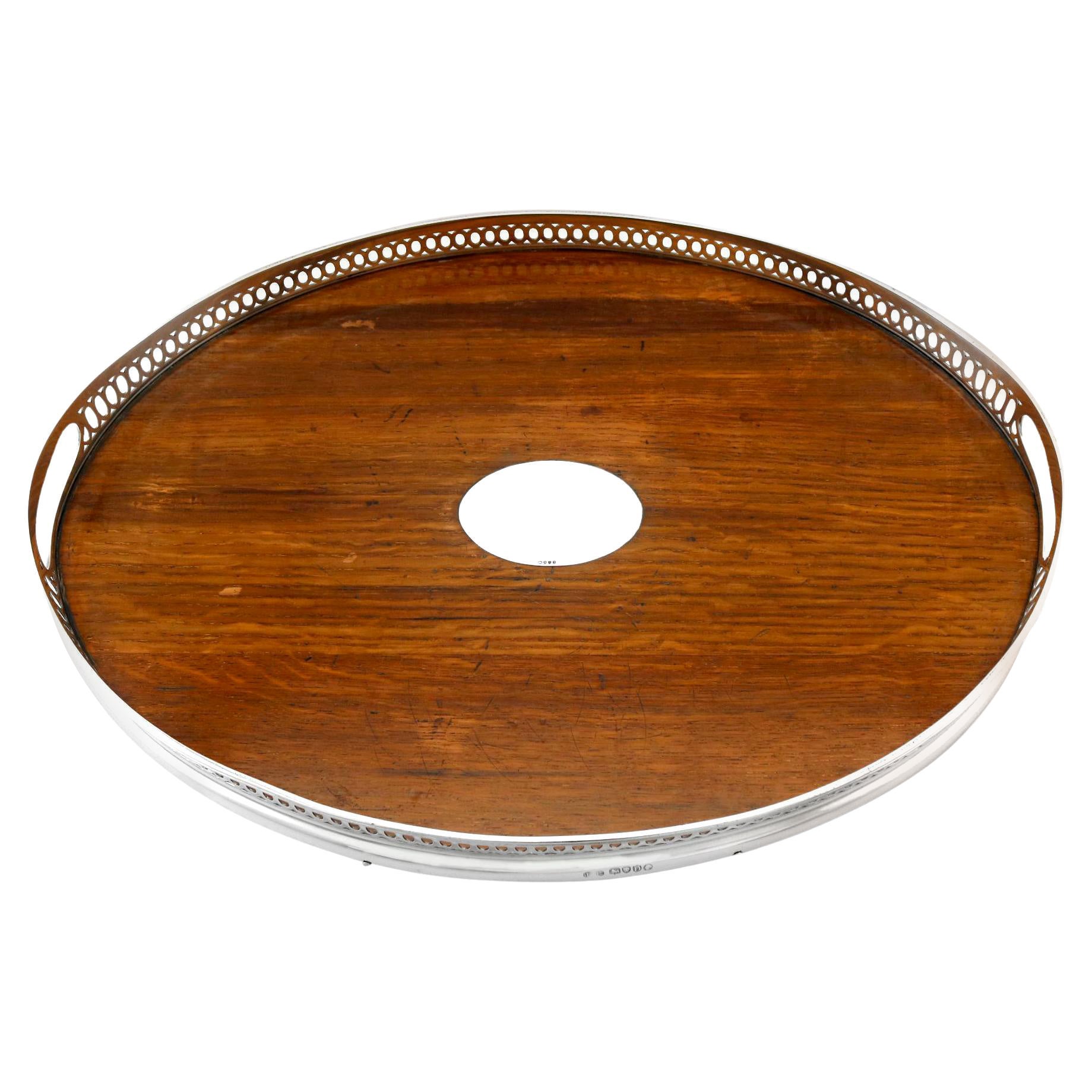 Antique Victorian Sterling Silver and Oak Wood Galleried Tray 1879 For Sale