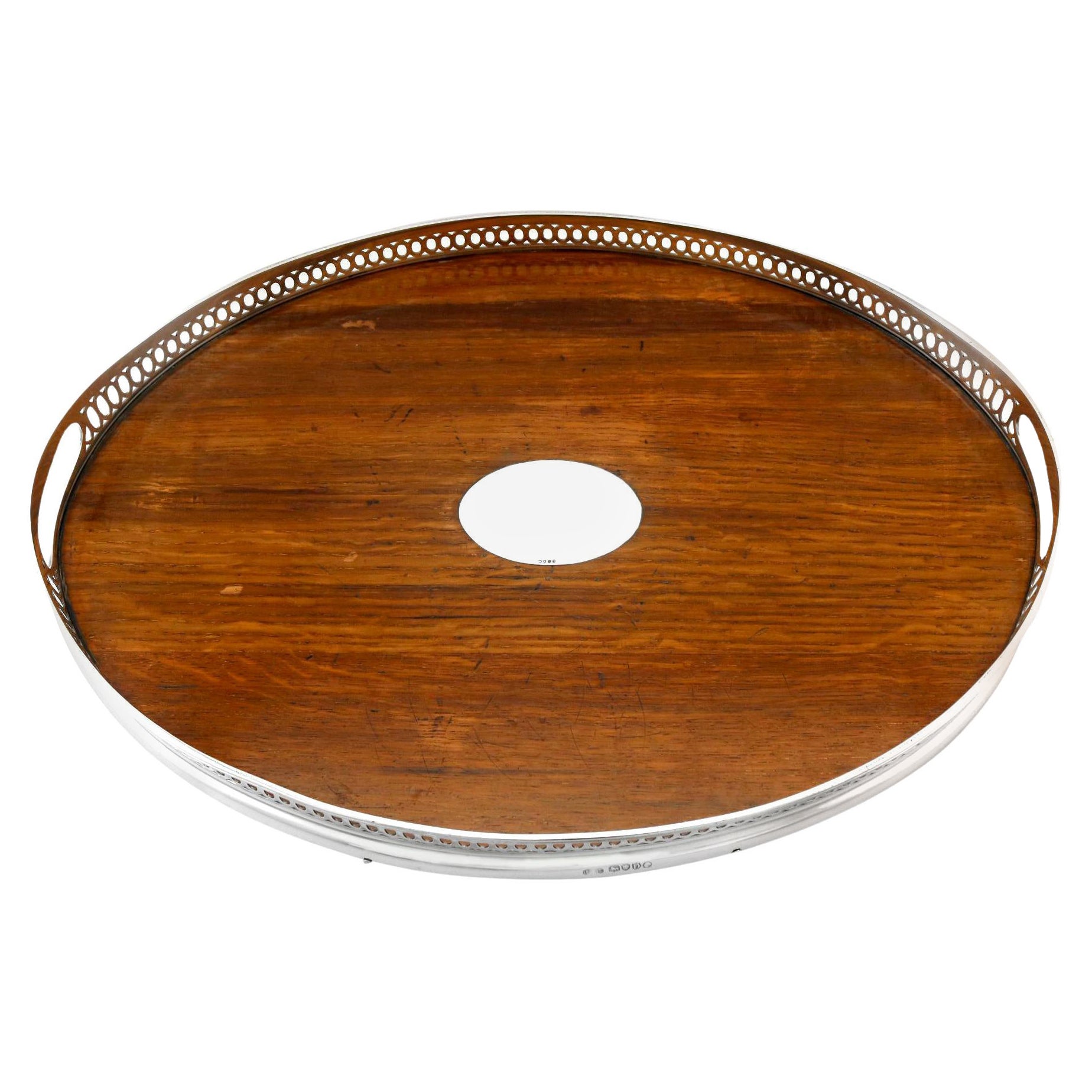 Bandeja Victoriana Antigua de Plata de Ley y Madera de Roble Galeriada 1879