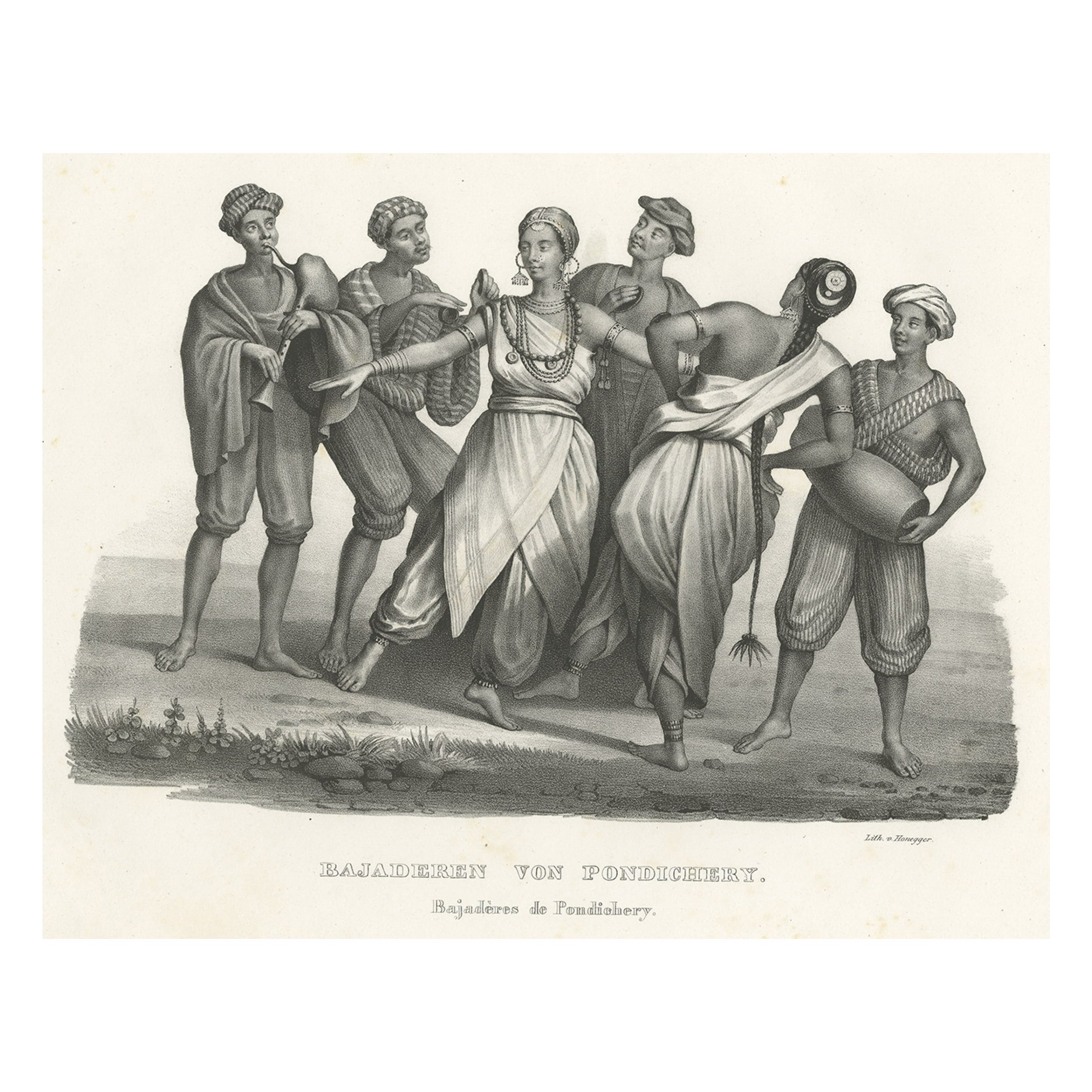 Musiker und Bajadere-Tänzer aus Pondicherry, Indien, ca. 1845 im Angebot