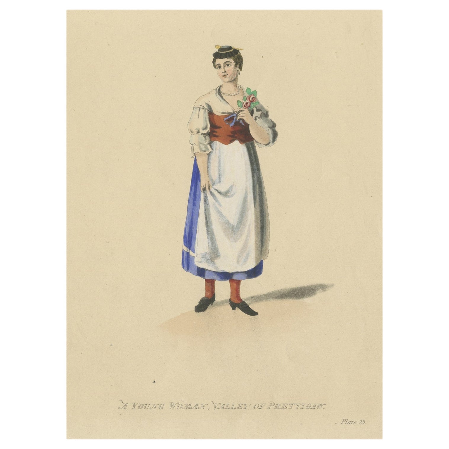 Stampa antica originale di una giovane donna da Prättigau, Svizzera, 1815 ca.
