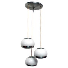 Italian space age three light brushed steel and perspex chandelier, Stilux 1970s