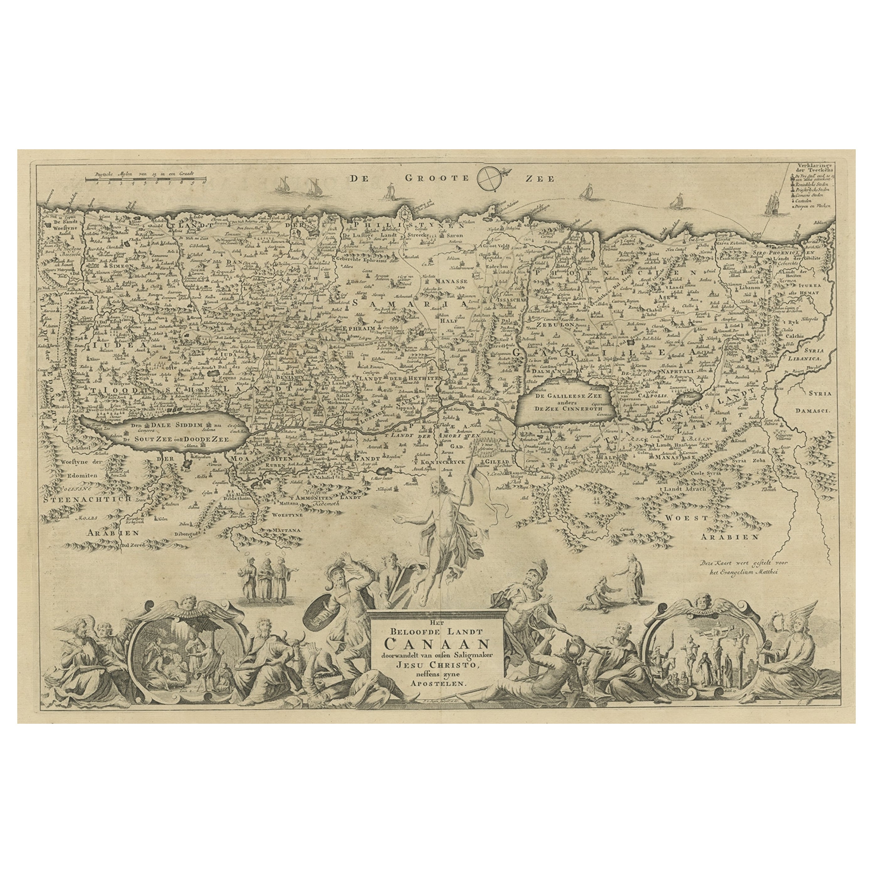 Antique Map of Israel Filled with Biblical Scenes, Published in 1748 For Sale