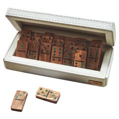 Petit ensemble Domino en bois de Pui et malachite Marcela Cure - 28 pièces dans une boîte en cuir
