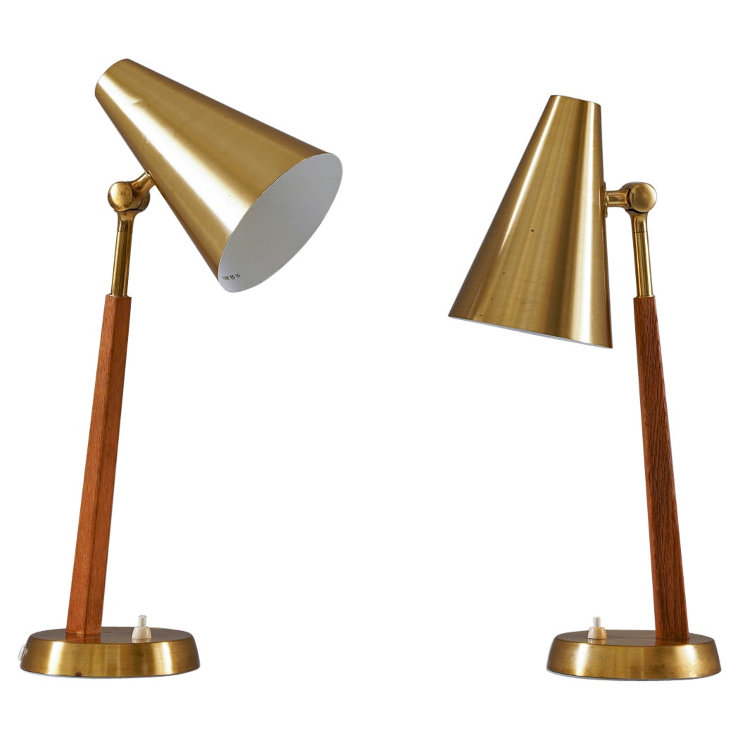 Scandinavian Midcentury Table Lamps in Brass and Oak by Falkenbergs For Sale