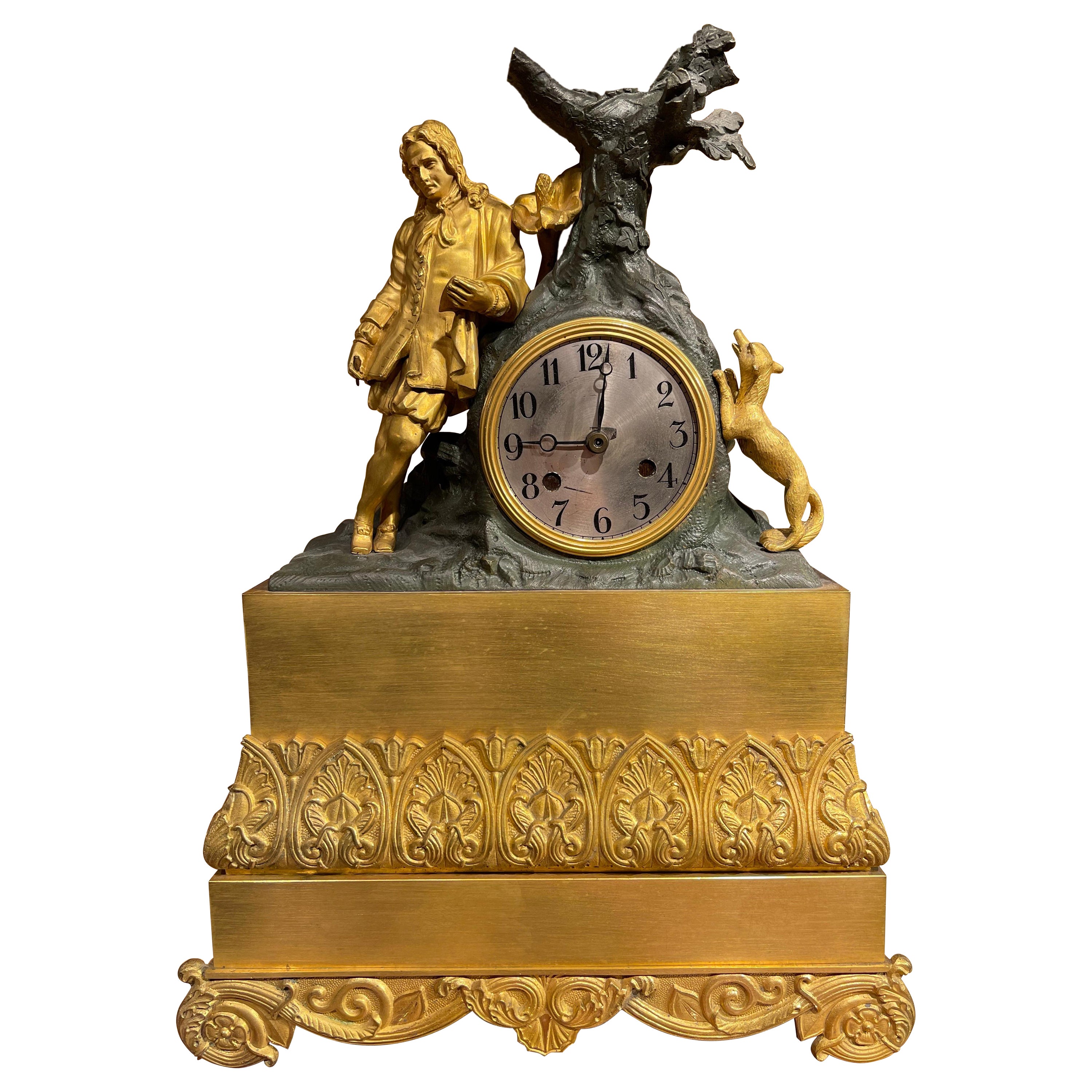 Reloj de chimenea antiguo de alrededor de 1850, Francia, dorado al fuego