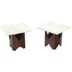 Pair of Mid-Century Modern Walnut Base Square Marble Top End Side Tables