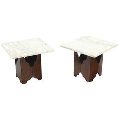 Pair of Mid-Century Modern Walnut Base Square Marble Top End Side Tables