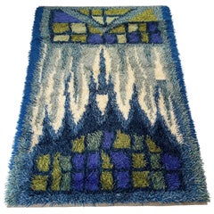 Retro Abstract Scandinavian Multicolor High Pile Rya Rug Carpet, Sweden, 1960s