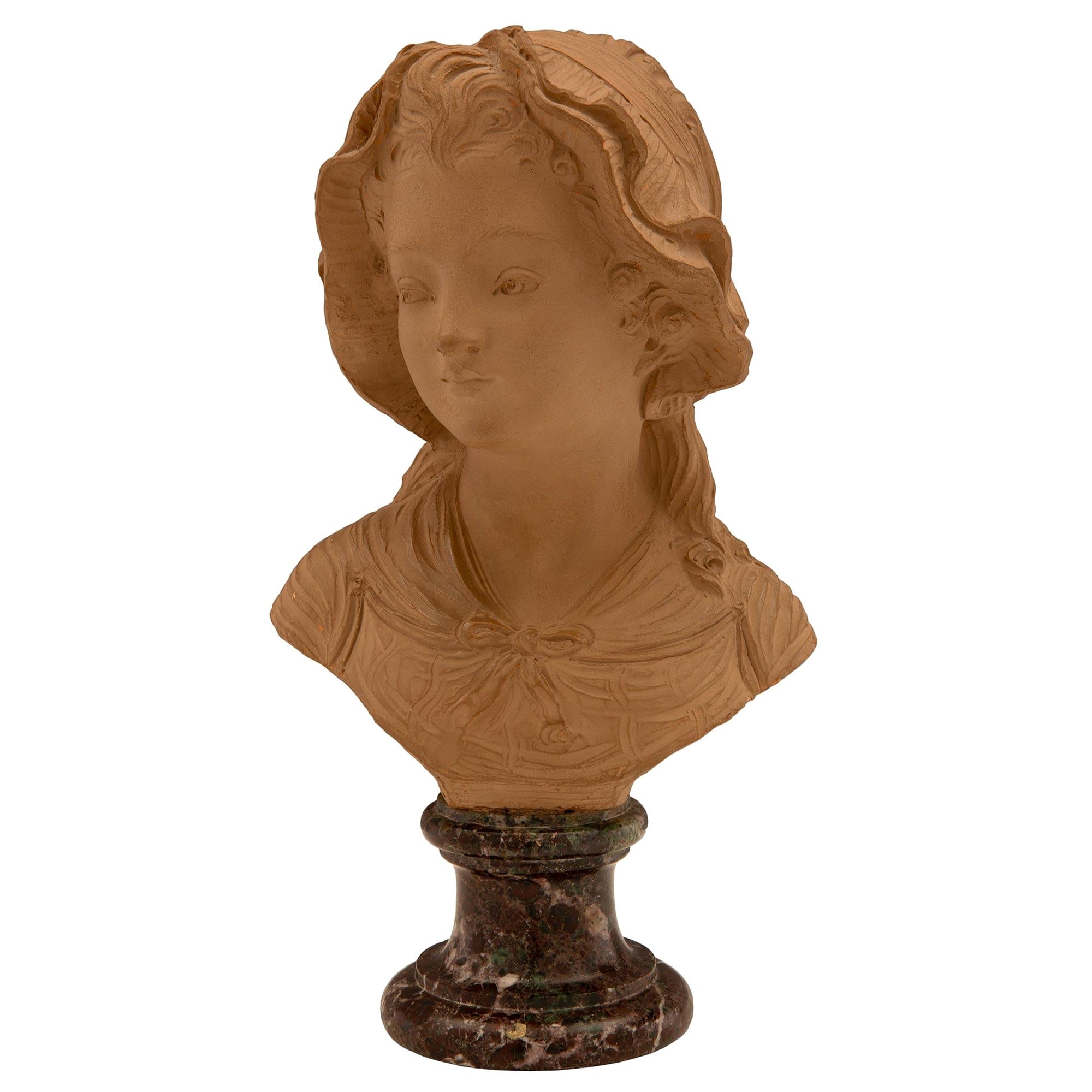 French 19th Century Terra Cotta and Rosso Levanto Marble Bust For Sale