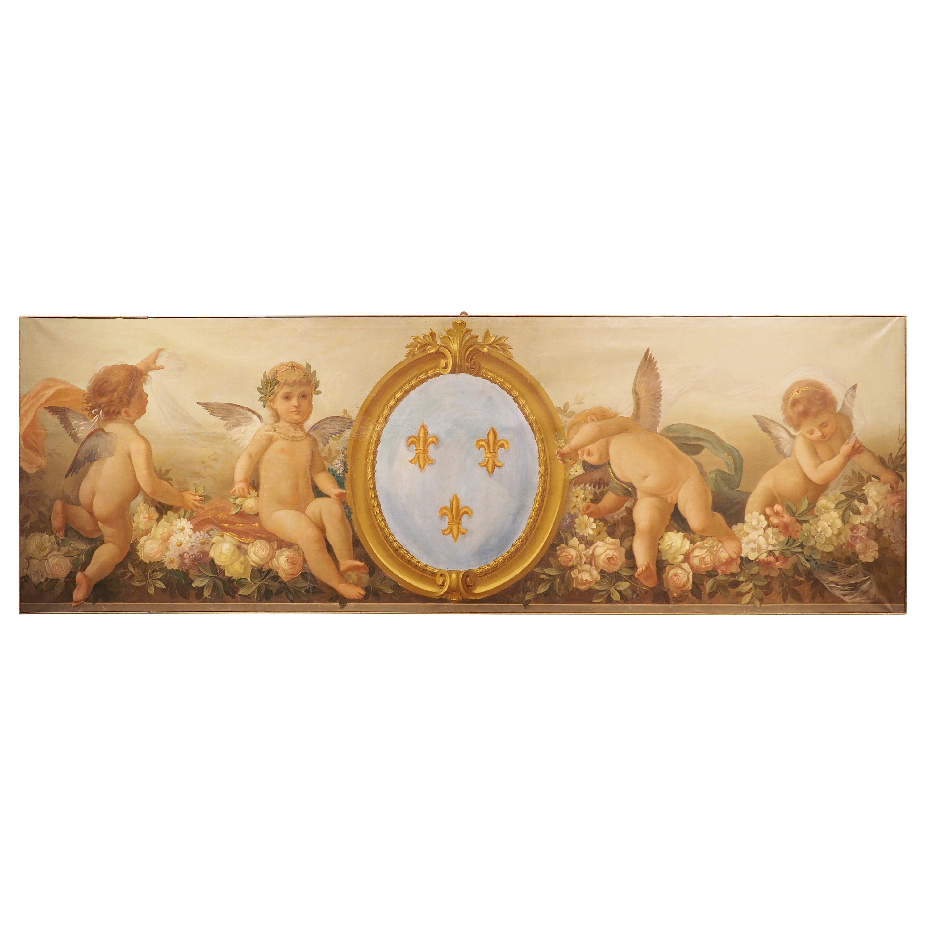 Peinture de boiserie française datant de 1840, l'Allégorie du printemps et des armoiries de France en vente