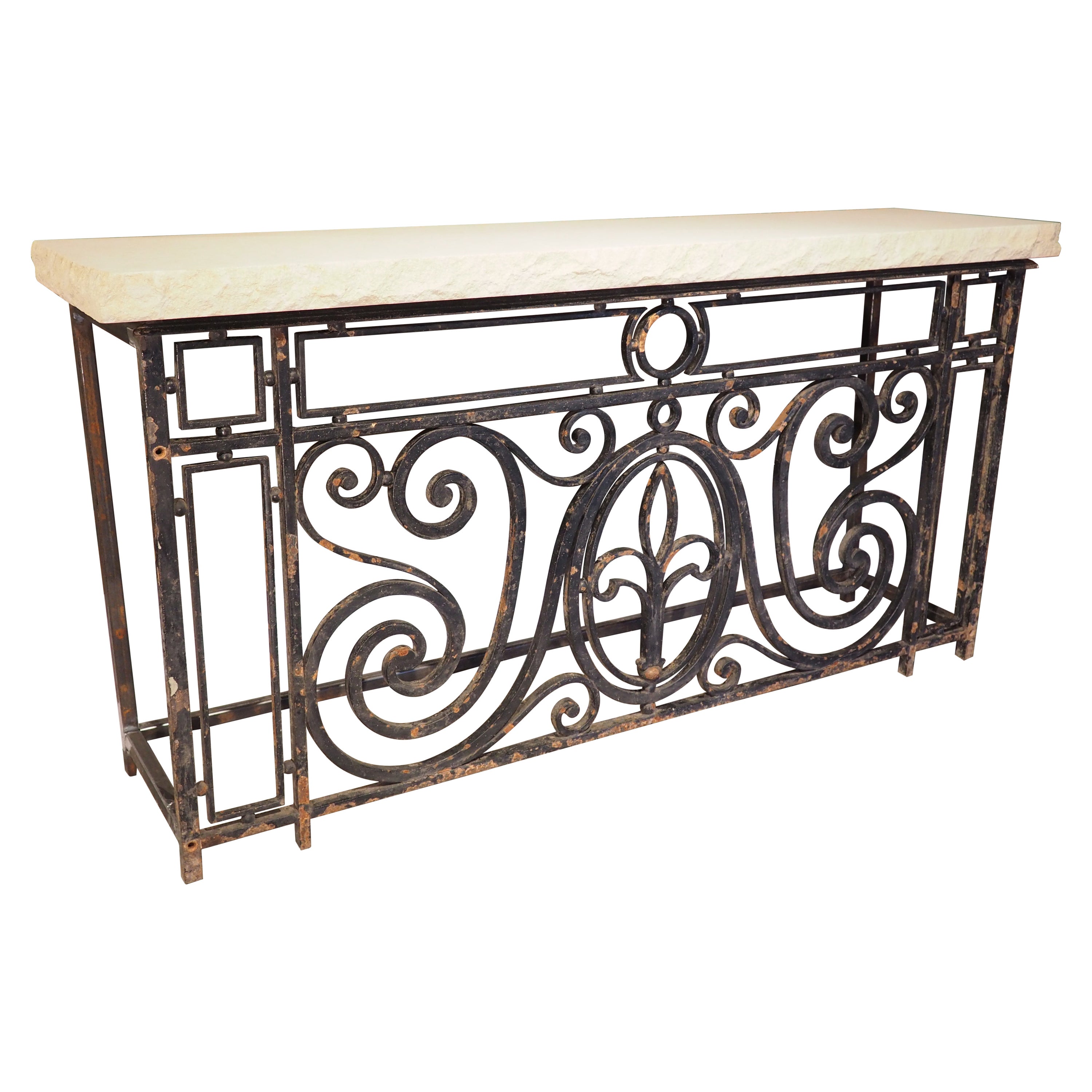 Antique Wrought Iron Balcony Gate Console with Pitched Limestone Top