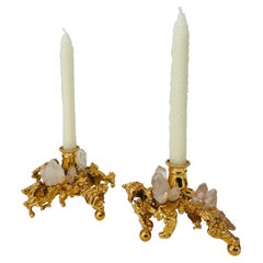 Pair of Gold Bronze 1970s French Claude Victor Boeltz Candle Holders