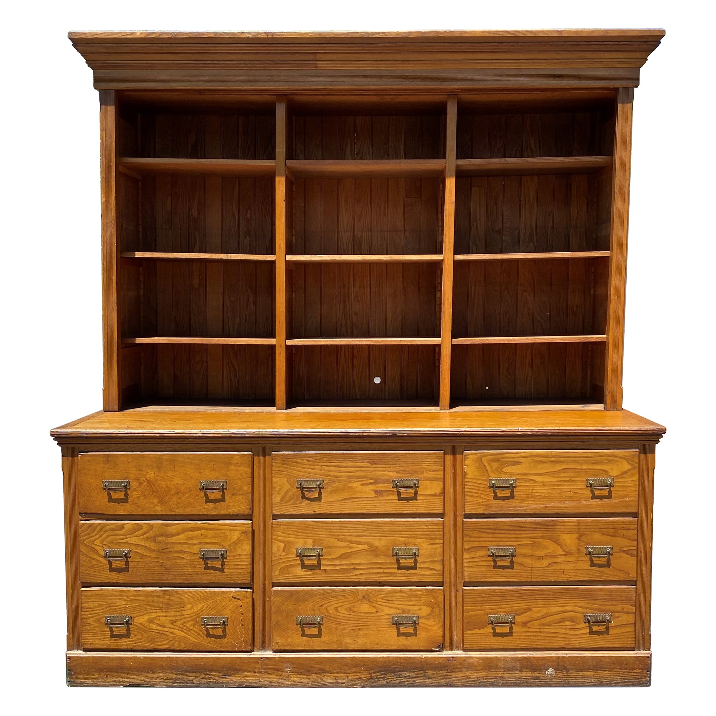 Huge Country Store Multi-Drawer Cabinet with Bookcase Top For Sale