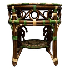 Creel and Gow Green and Cream Rattan Side Table with Hounds Tooth Top Design