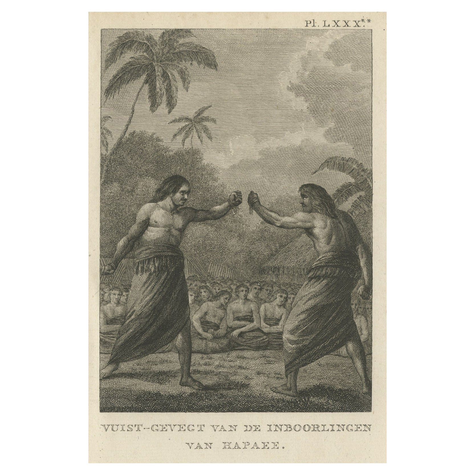 Old Print eines Boxkampfes zwischen zwei Einheimischen der Hapaee-Inseln, Tonga, 1803 im Angebot