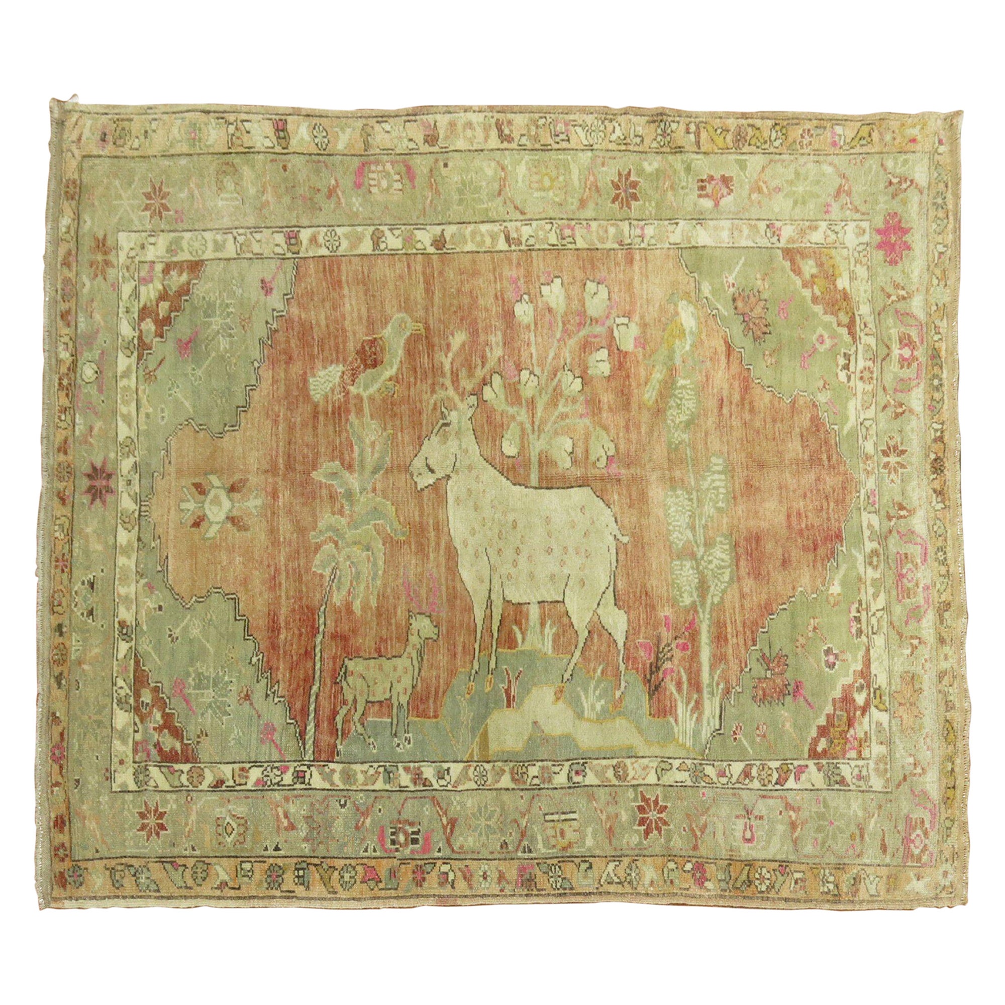 Pictorial Turkish Deer Pictorial Animal Rug For Sale