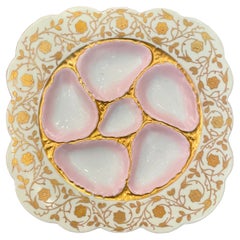 Antique Continental Hand-Decorated Pink & Gold Porcelain Oyster Plate Circa 1900