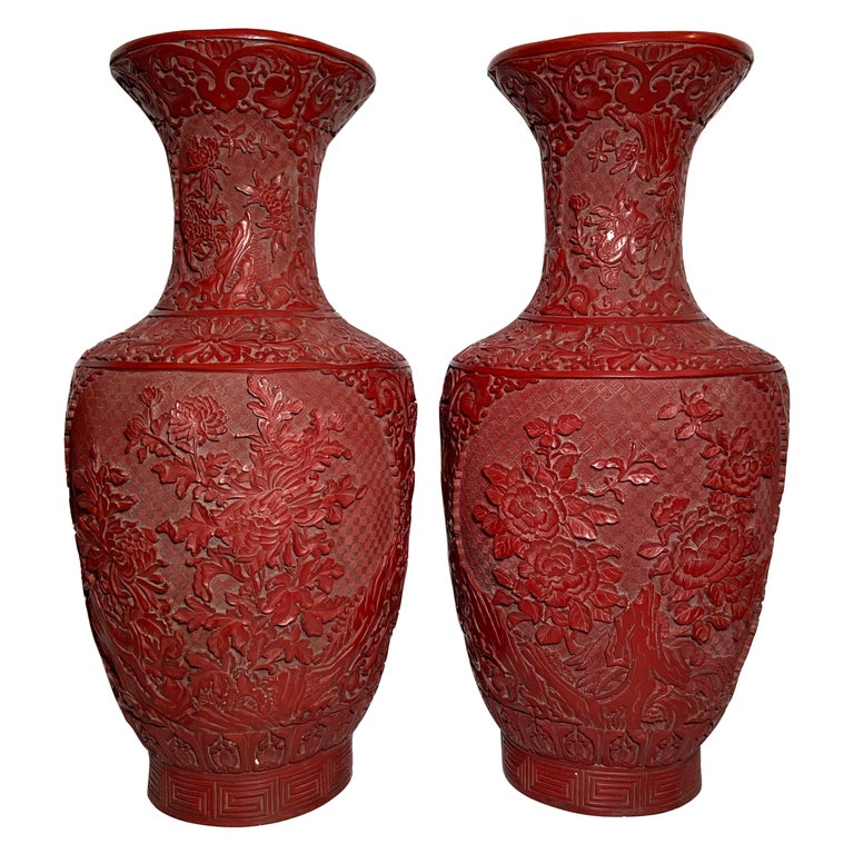 Pair of 6" Hand Carved Cinnabar Lacquer Vases with Wood stand