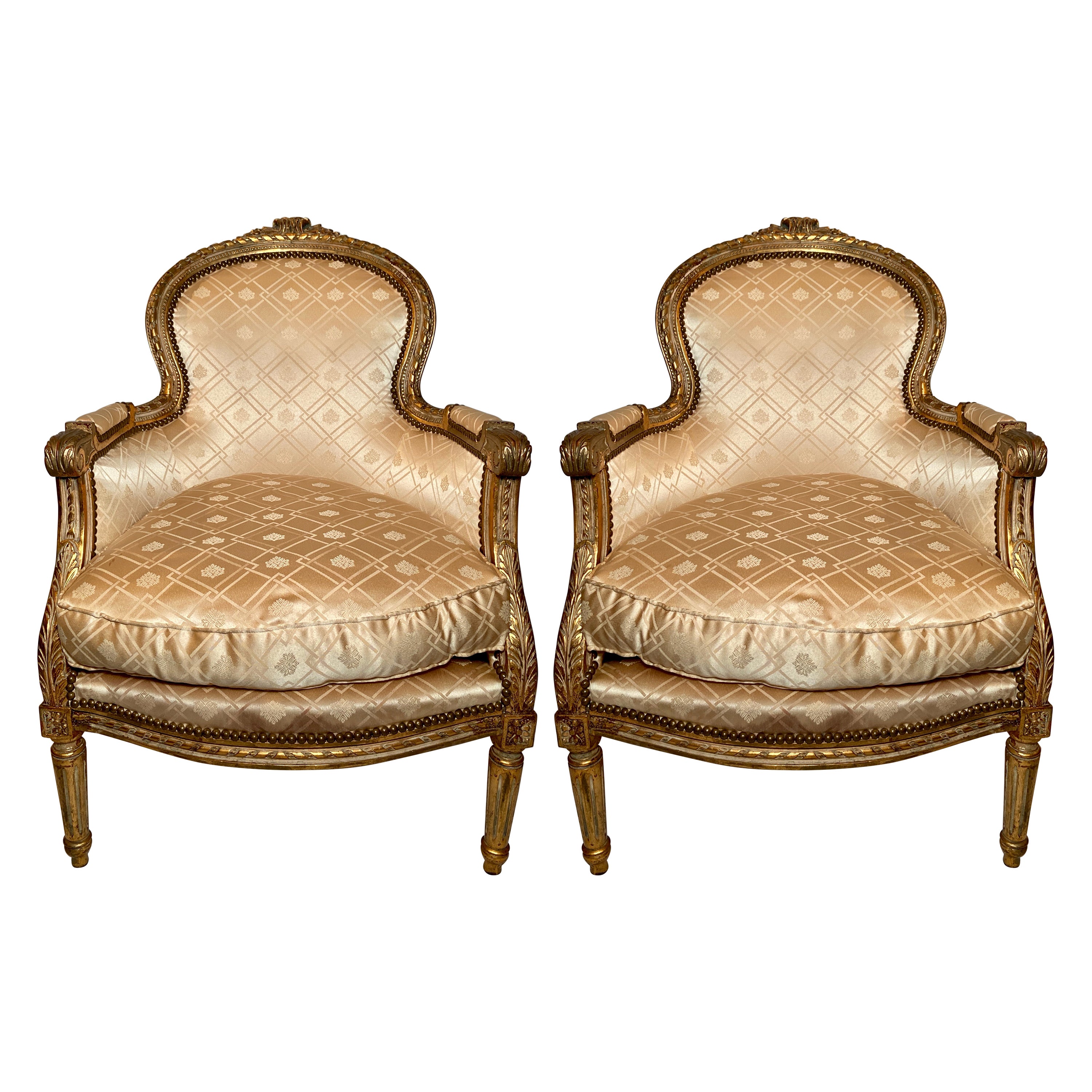 Pair Antique French Silk Upholstered Giltwood Carved Arm-Chairs, Circa 1890-1910