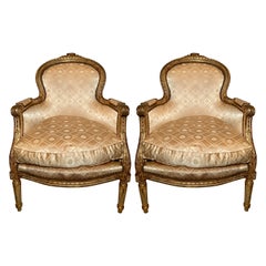 Pair Antique French Silk Upholstered Giltwood Carved Arm-Chairs, Circa 1890-1910