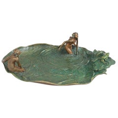 Large Art Nouveau Bronze Tray, 2 Young Nude Women Wading in the Water w/ Frog