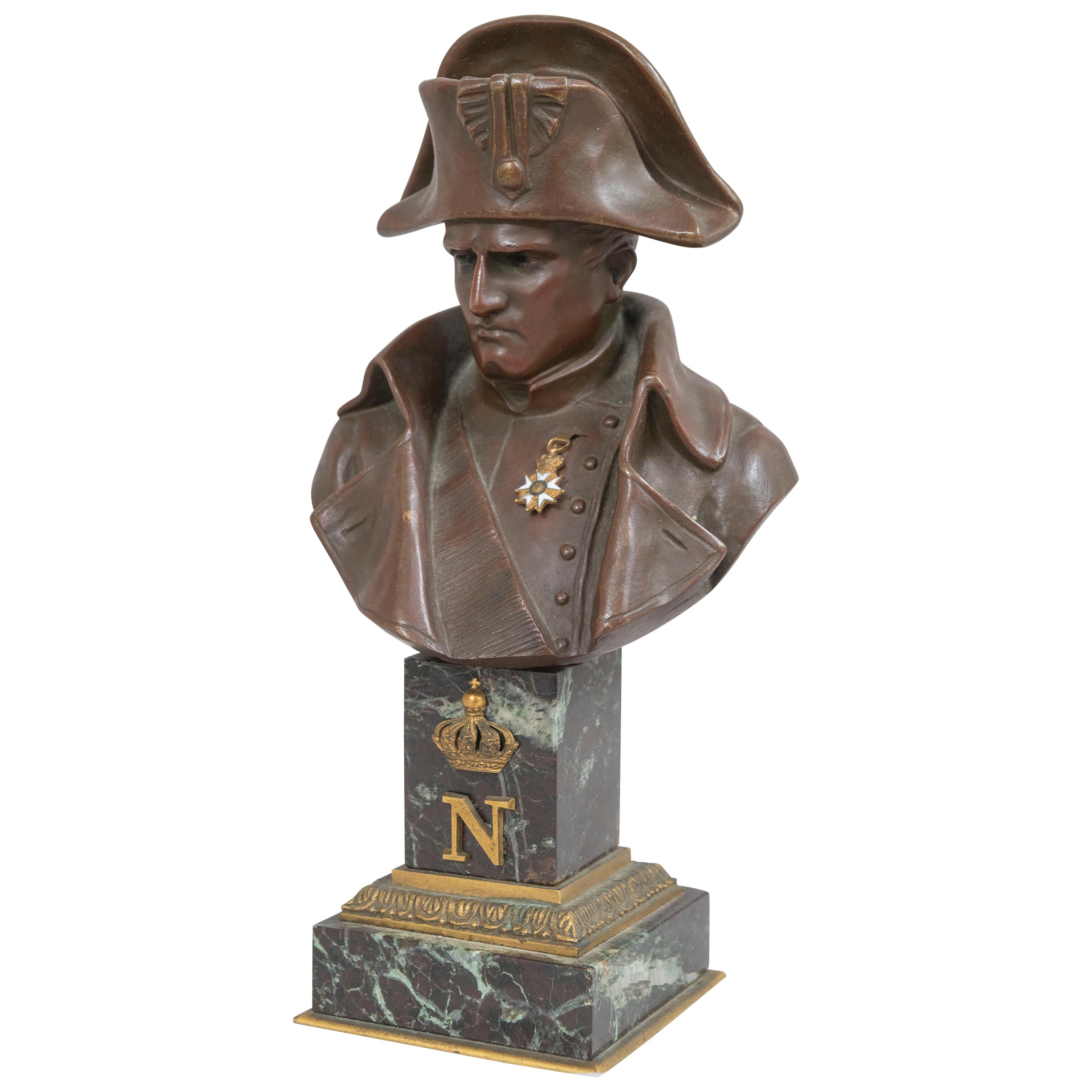 Bronze Bust of Napoleon Wearing His Medal, Mounted on a Double Marble ...