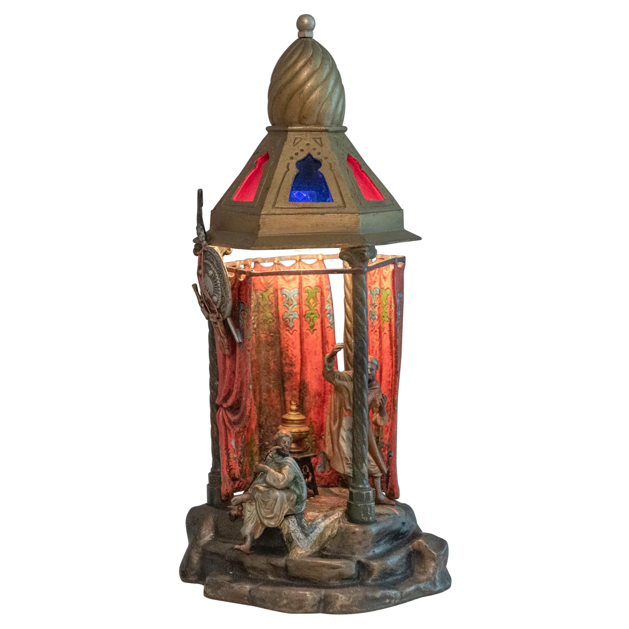 Orientalist Austrian Cold Painted Bronze Lamp w/ 2 Figures Inside a Small Room For Sale